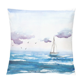 Personality  Watercolor Illustration Of Blue Sea With White Boat And Clouds Sky Pillow Covers