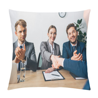 Personality  Selective Focus Of Smiling Recruiter Shaking Hand With Employee In Office  Pillow Covers