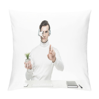 Personality  Cyborg In Headphones Holding Plant And Touching Something Near Computer Keyboard, Mouse And Notebook Isolated On White Pillow Covers