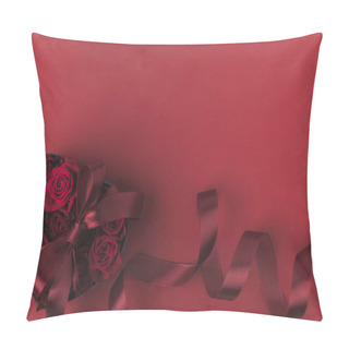 Personality  Top View Of Roses In Heart Shaped Gift Box With Ribbon Isolated On Red, St Valentines Day Holiday Concept Pillow Covers