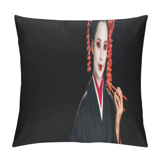 Personality  Smiling Beautiful Geisha In Black Kimono With Red Flowers In Hair Holding Chopsticks Isolated On Black, Panoramic Shot Pillow Covers