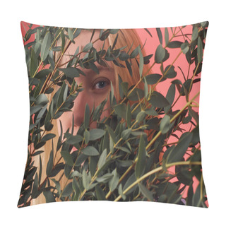 Personality  Close-up Shot Of Young Woman Hiding Behind Bunch Of Eucalyptus Branches Pillow Covers