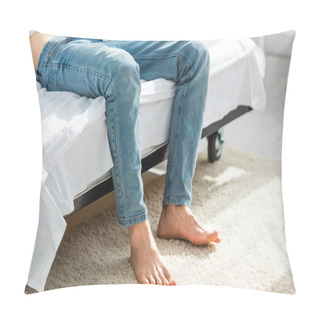 Personality  Cropped View Of Man In Jeans Lying On Bed In Bedroom  Pillow Covers
