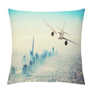 Personality  Commercial Airplane Flying Over Modern City Pillow Covers