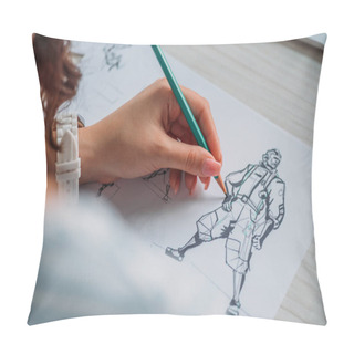Personality  Selective Focus Of Illustrator Drawing Cartoon Character On Paper  Pillow Covers