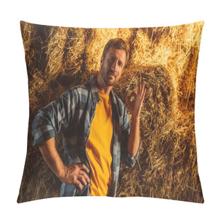 Personality  Farmer In Plaid Shirt Standing With Hand On Hip And Showing Ok Gesture Near Hay Stack Pillow Covers