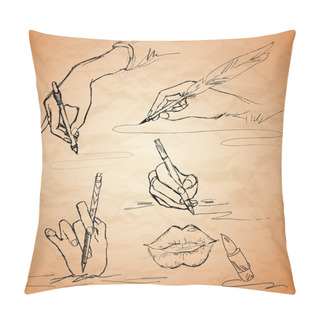 Personality  Vector Illustrations Of An Hand Writing With A Feather Pen, Lips, Lipstick Pillow Covers