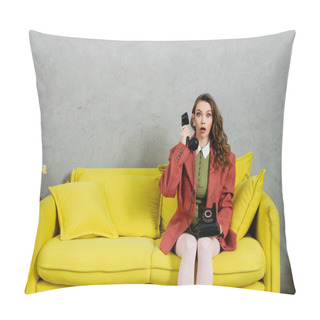 Personality  Phone Call, Attractive Woman With Wavy Hair Sitting On Yellow Couch, Housewife Talking On Retro Telephone, Acting Like A Doll, Looking At Camera With Opened Mouth, Shock, Grey Wall  Pillow Covers