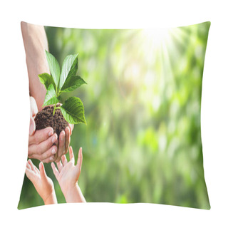 Personality  Hands Of A Child Taking A Plant From The Hands Of A Man - Giving Concept Pillow Covers