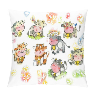 Personality  Set Of Watercolor Cows. Cartoon Set Of Kawaii Happy Cows. Handmade Watercolor Pillow Covers