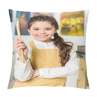 Personality  Smiling Kid Standing With Painting Brush In Workshop Of Art School Pillow Covers