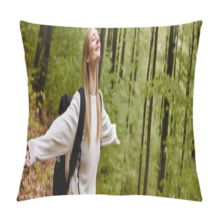 Personality  Smiling Relaxed Blonde Woman Hiker Wearing Sweater And Backpack With Arms  Open In Forest, Banner Pillow Covers