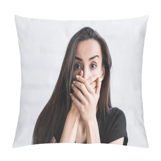 Personality  Frightened Young Man Looking At Camera And Covering Face With Hands While Suffering From Panic Attack Pillow Covers