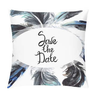 Personality  Blue And Black Bird Feathers From Wing. Watercolor Background Illustration Set. Frame Border Ornament With Lettering. Pillow Covers