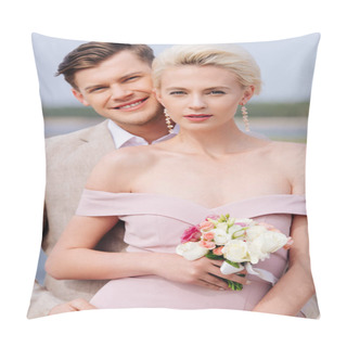 Personality  Happy Just Married Couple With Wedding Bouquet Looking At Camera Pillow Covers