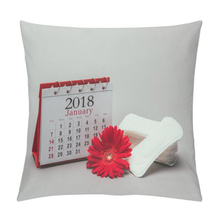 Personality  Close Up View Of Calendar, Flower And Menstrual Pads Isolated On Grey Pillow Covers