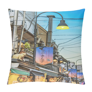 Personality  Tokyo, Japan : August 23 2018: Retro Old-fashionned Shopping Street Yanaka Ginza Famous As A Spectacular Spot For Sunset And Also Named The Evening Village. Yanaka's Mascot Is A Cat Named Sen Whose Carvings On The Roofs Can Be Seen. Pillow Covers