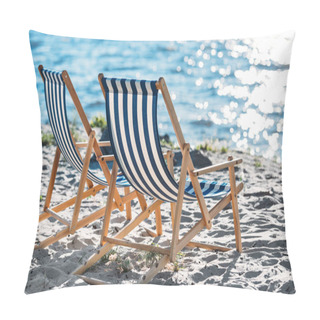 Personality  Striped Chaise Lounges And Cooler On Sandy Beach Pillow Covers