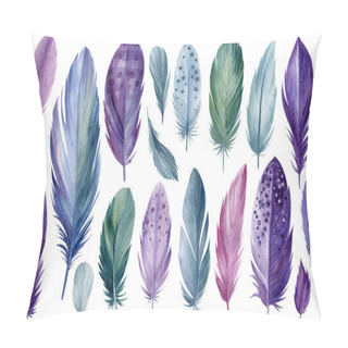 Personality  Big Colorful Set Of Bird Feathers On White Background, Watercolor Illustration Pillow Covers