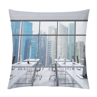 Personality  Workplaces In A Modern Panoramic Office, Singapore City View From The Windows. Open Space. White Tables And Black Leather Chairs. A Concept Of Financial Consulting Services. 3D Rendering. Pillow Covers
