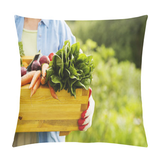 Personality  Senior Woman Holding Box With Vegetables Pillow Covers
