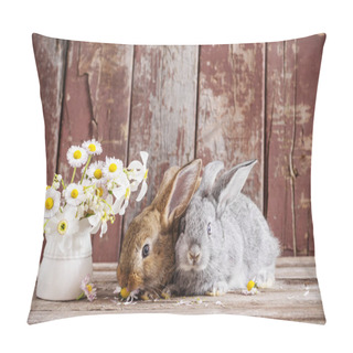Personality  Bunnyes With Spring Flowers On Old Wooden Background Pillow Covers