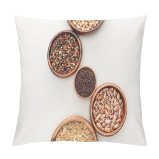 Personality  Top View Of Wooden Bowls With Black Quinoa, Oatmeal, Beans, Peppercorns And Chickpea On White Marble Surface Pillow Covers