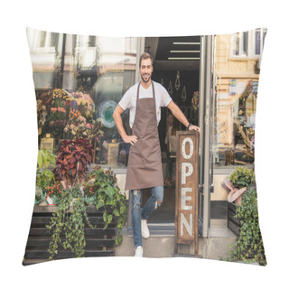 Personality  Smiling Handsome Flower Shop Owner Standing On Stairs And Leaning On Open Sign Pillow Covers