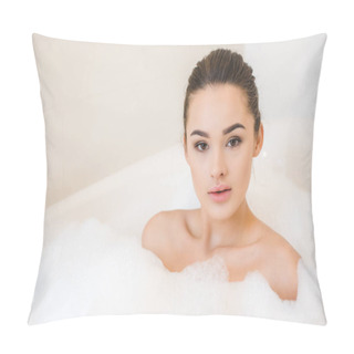 Personality  Portrait Of Attractive Young Woman Taking Bath With Foam At Home Pillow Covers