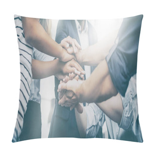 Personality  Close Up View Of Young Business People Putting Their Hands Together. Stack Of Hands. Unity And Teamwork Concept. Pillow Covers