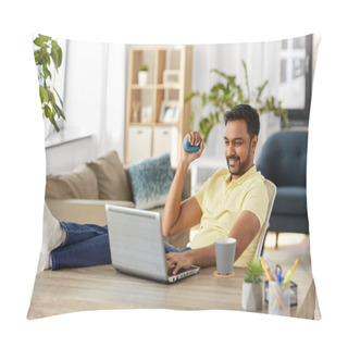 Personality  Man With Laptop And Hand Expander At Home Office Pillow Covers