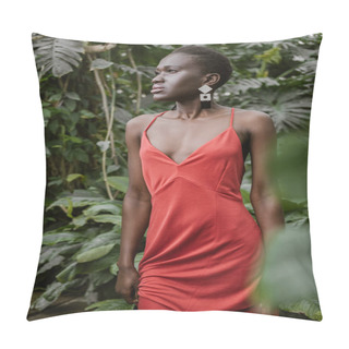 Personality  Beautiful Stylish African American Girl With Short Hair Posing In Red Dress In Garden Pillow Covers