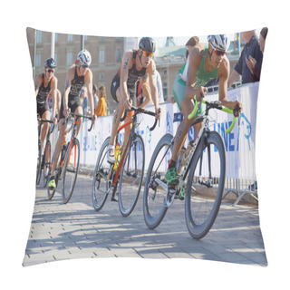 Personality  Back Of Group Of Colorful Triathlete Cyclists Pillow Covers