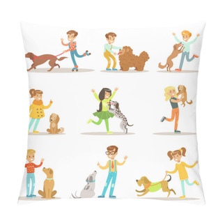 Personality  Children And Dogs Illustrations Set With Kids Playing And Taking Care Of Pet Animals Pillow Covers
