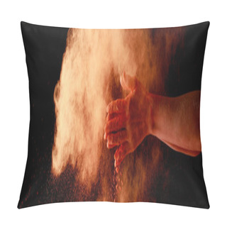 Personality  Female Hands Near Orange Colorful Holi Paint Explosion On Black Background, Panoramic Shot Pillow Covers