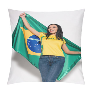 Personality  Cheerful Female Football Fan Holding Brazilian Flag On Grey Pillow Covers