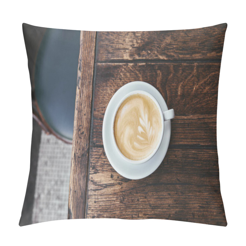 Personality  Top View Of Cup Of Coffee With Latte Art On Rustic Wooden Table Pillow Covers