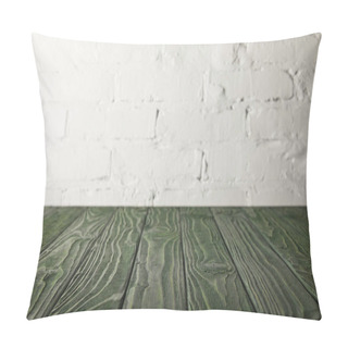 Personality  Dark Green Wooden Tabletop And White Wall With Bricks Pillow Covers