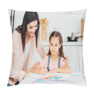 Personality  Happy Mother Standing Near Paper Near Happy Daughter Looking At Camera  Pillow Covers