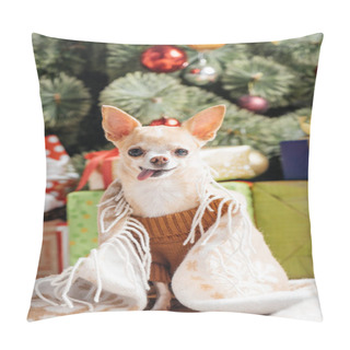 Personality  Little Chihuahua Dog In Brown Sweater Sticking Tongue Out With Christmas Gifts Behind At Home Pillow Covers