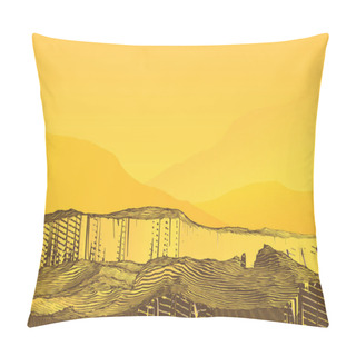 Personality  Abstract Colorful Engraving Drawing Vintage Rocky Cliff  Canyon Ground Vintage Style Isolated On Yellow Blank Space Background Pillow Covers