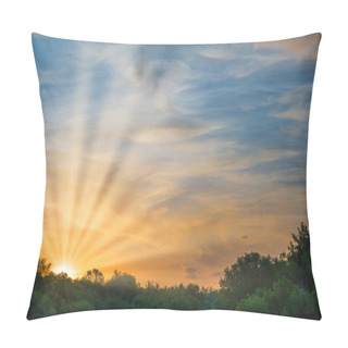 Personality  Sunset Over Forest Silhouette. Dramatic Sky With Sun Rays And Clouds Pillow Covers