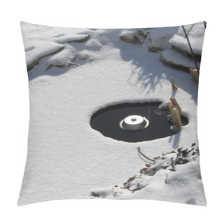 Personality  View Of A Man Made Koi Pond Covered With Snow And An Electric Pond Heater Melting The Ice Pillow Covers