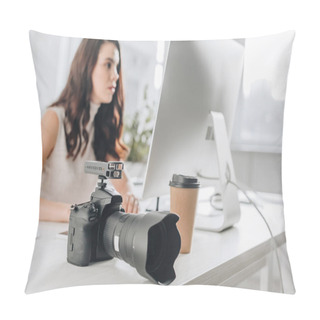 Personality  Selective Focus Of Digital Camera Near Attractive Art Editor In Studio  Pillow Covers
