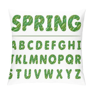 Personality  Green Font Made From Fresh Leaves. Spring Word On White Background. English Alphabet. The Theme Of Nature, Ecology, Organics. Vector Illustration. Pillow Covers