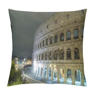 Personality  View Of Colosseum Illuminated At Night Timelapse Hyperlapse In Rome, Italy. Top View. Traffic On The Road Pillow Covers