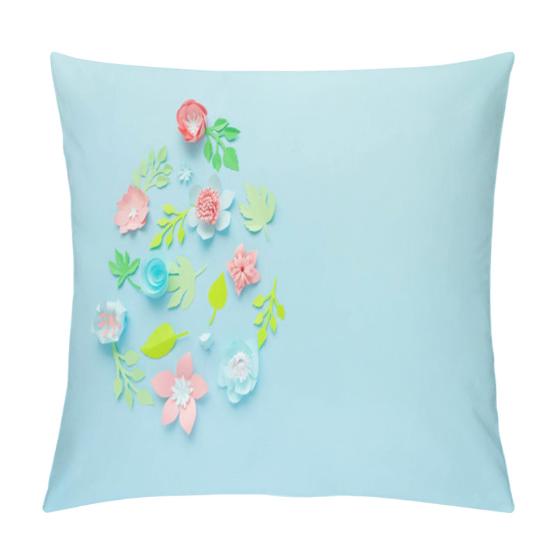 Personality  Easter Egg Made Of Paper Flowers On Blue Background. Cut From Paper. Pillow Covers