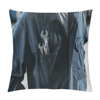 Personality  Cropped View Of Workman In Overalls With Wrenches In Pocket Pillow Covers