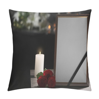 Personality  Funeral Photo Frame With Black Ribbon, Roses And Burning Candle On Table In Dark Room Pillow Covers