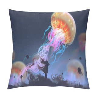 Personality  Girl Looking At Giant Jellyfish Floating In The Sky Pillow Covers